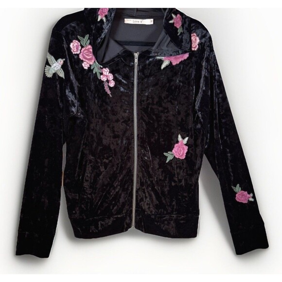 Love 8 Jacket 1X Black Velvet Embroidered Full Zip Hooded Stretch Y2K Boho - Picture 2 of 13
